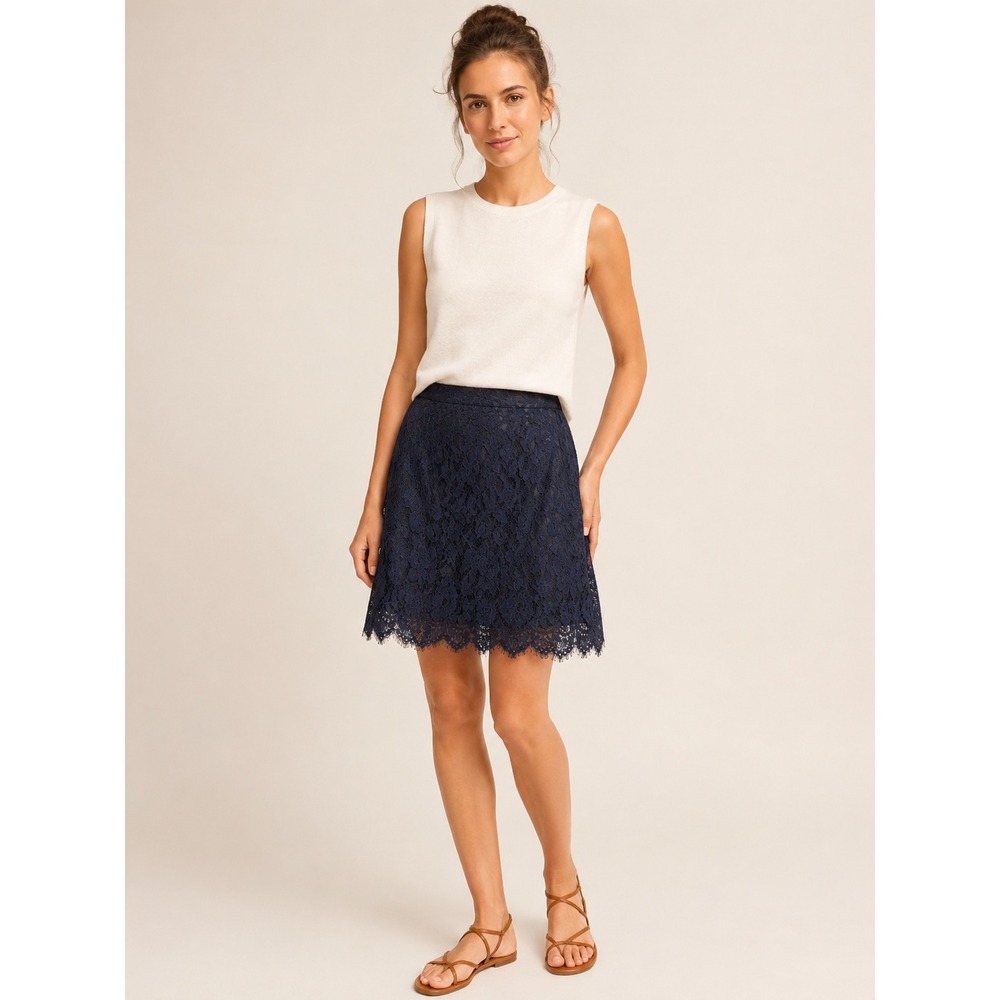 J.Crew‎ Womens Floral Lace Mini Skirt 4 Classic Navy Blue Scalloped Hem Preppy